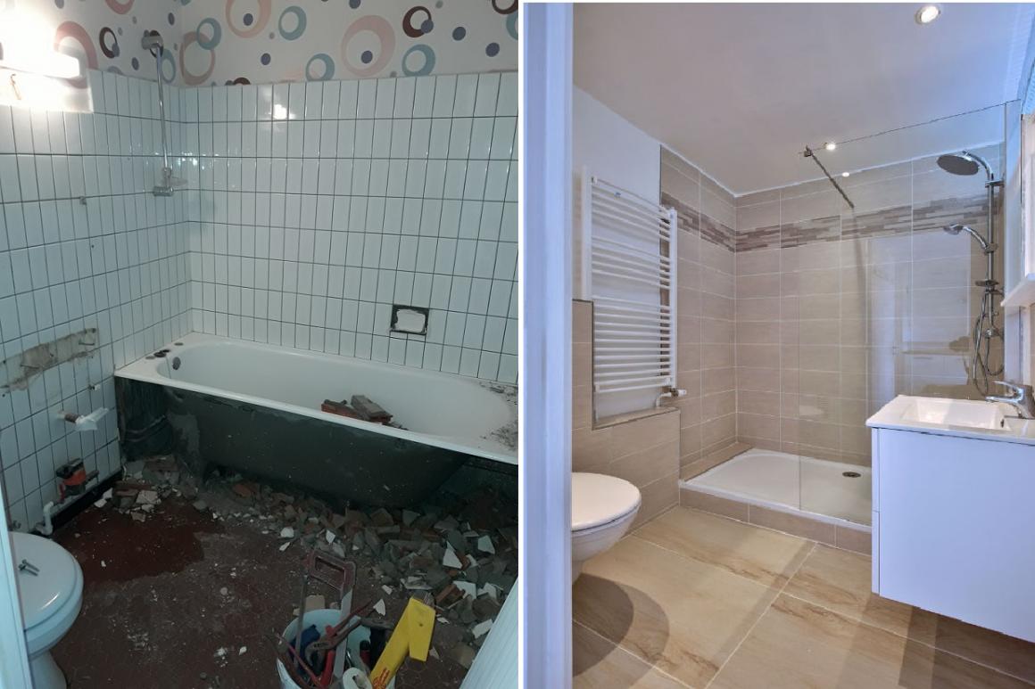 AGRANDILUX SARL Rénovation de salle de bain bac a carreler seche serviette colonne de douche miroir led